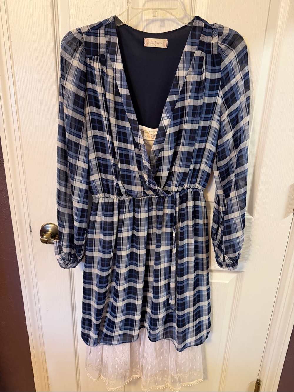 Altar’d State Blue Plaid V-Neck Long Sleeve Dress with Winter Lennon slip